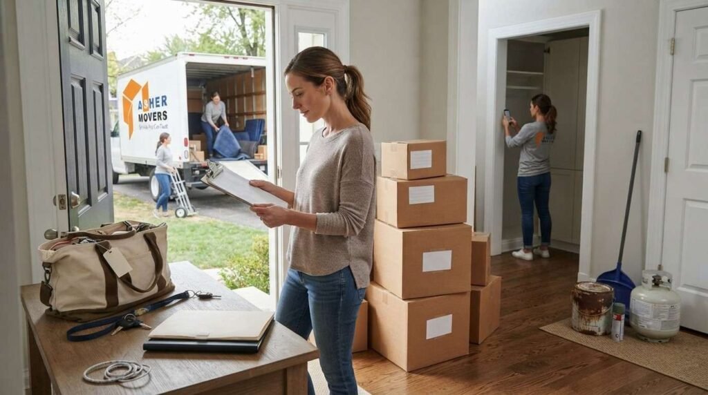 Female homeowner reviews a moving day checklist while movers prepare labeled boxes, essentials, prohibited items, and a truck.