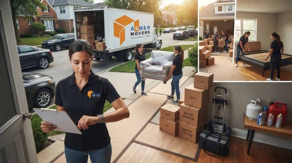 Female movers progress through a Skokie moving day from morning loading to afternoon unloading, setup, and final walkthrough.