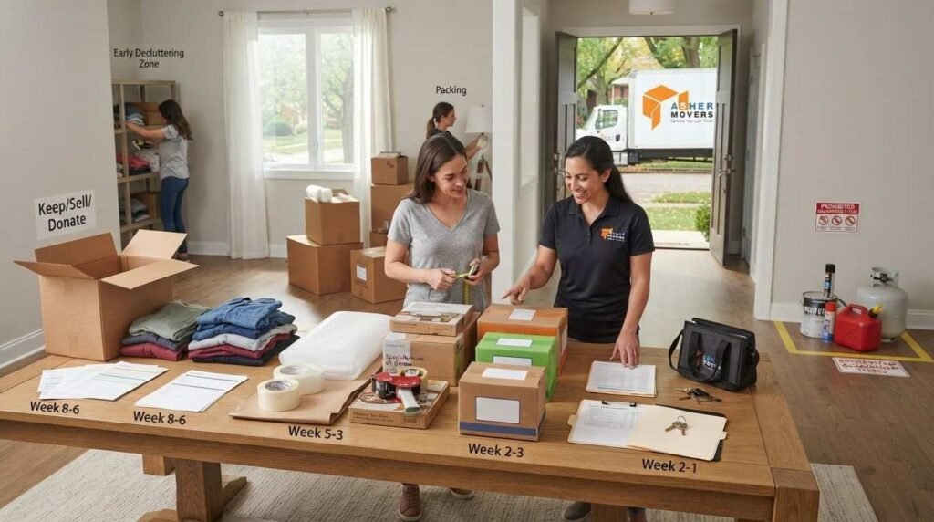 Female homeowner and moving coordinator organize an eight-week moving timeline with sorting supplies, packing boxes, essentials, and final preparations.