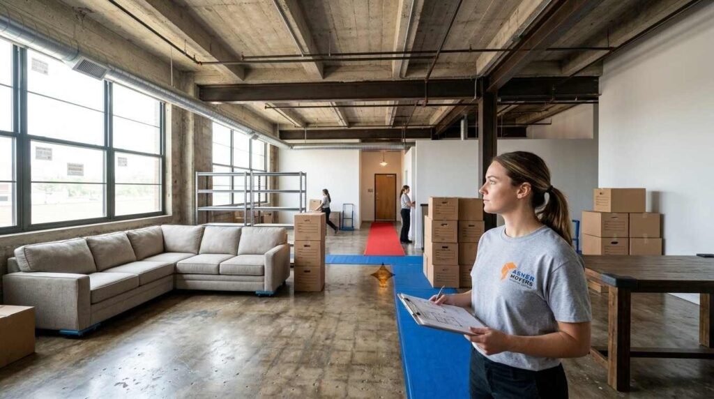 Female moving professional planning furniture zones and clear pathways inside a high-ceiling industrial loft apartment.
