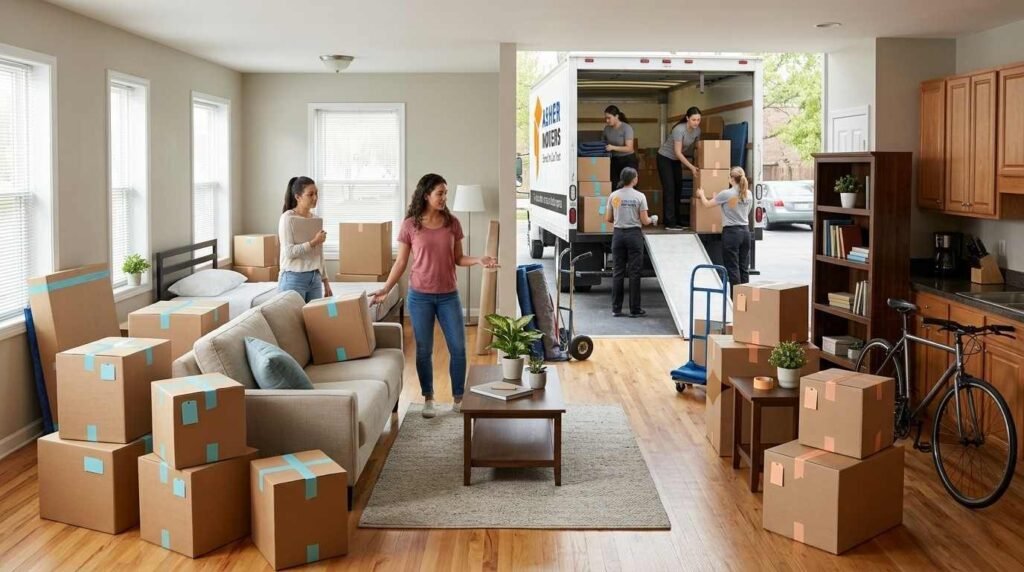 Two women organizing color-coded boxes and furniture for a roommate partial move with two separate delivery destinations.