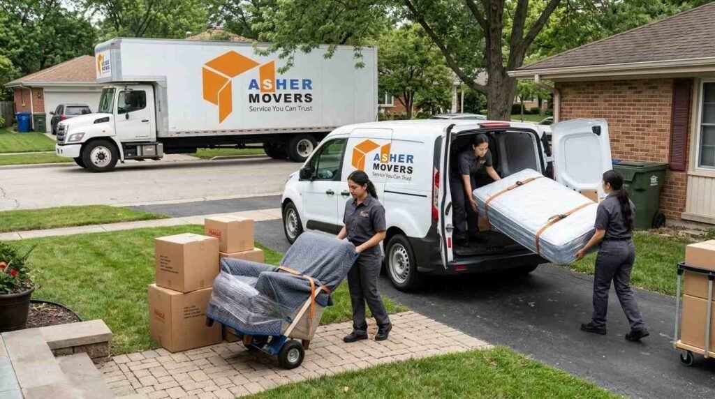 Female movers transferring furniture from a large moving truck to a smaller shuttle vehicle on a narrow residential street.