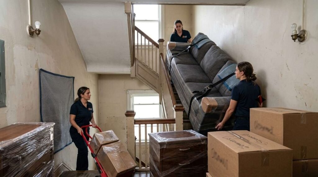 Female movers carrying a wrapped sectional sofa up a narrow multi-flight apartment stairwell during a local move.