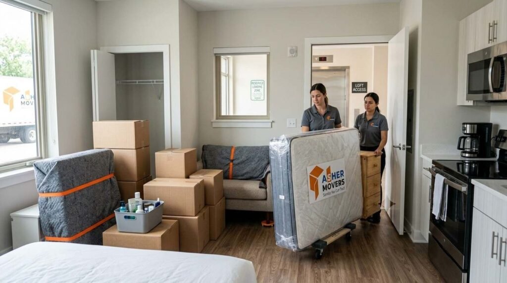 Female movers efficiently preparing a compact studio apartment with packed boxes, wrapped furniture, and a clear path to the exit.