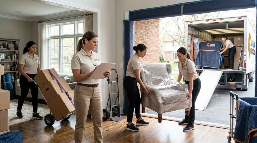Professional female moving crew coordinating a residential move with a foreman, moving equipment, wrapped furniture, and a loaded truck.