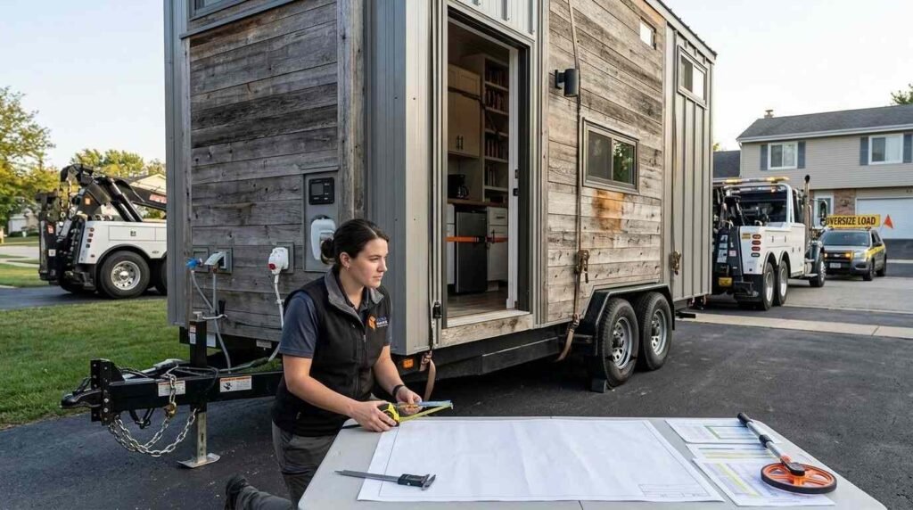 Female moving coordinator inspecting a tiny house on a trailer, with secured furniture, disconnected utilities, and specialized transport equipment visible.