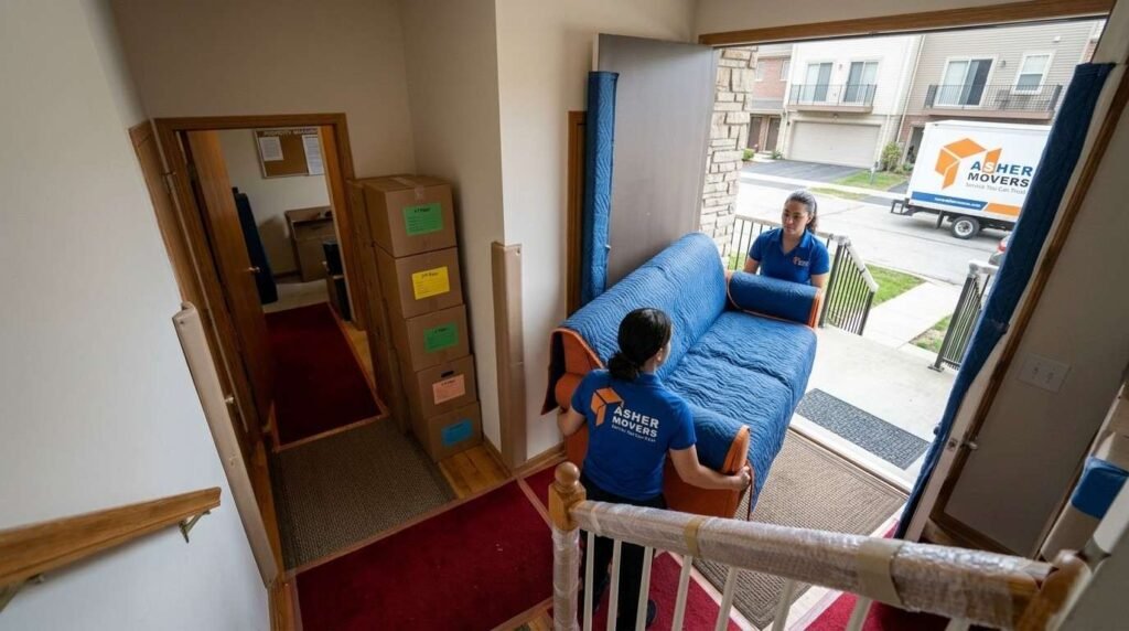 Female movers carefully navigating a padded sofa through a narrow townhouse stairwell with protected walls, labeled boxes, and shared-access challenges.