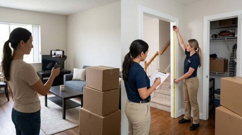 Female renter completing a virtual moving estimate while a female estimator conducts an in-home inspection of furniture, stairs, and storage areas.