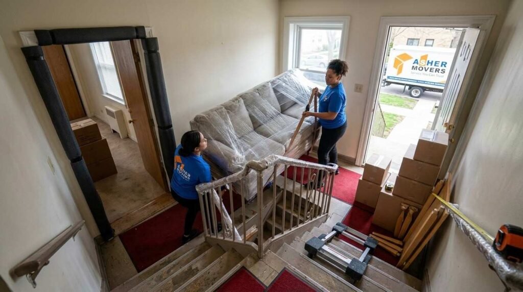Female movers carrying a padded sofa around a narrow third-floor apartment stairwell with protective equipment, moving boxes, and a distant truck.