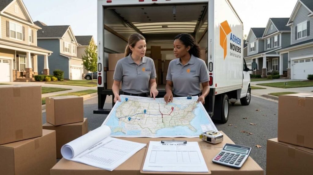 Female movers comparing an in-state route with a short route crossing a state boundary beside a moving truck, with a road map, blank paperwork, and moving supplies.