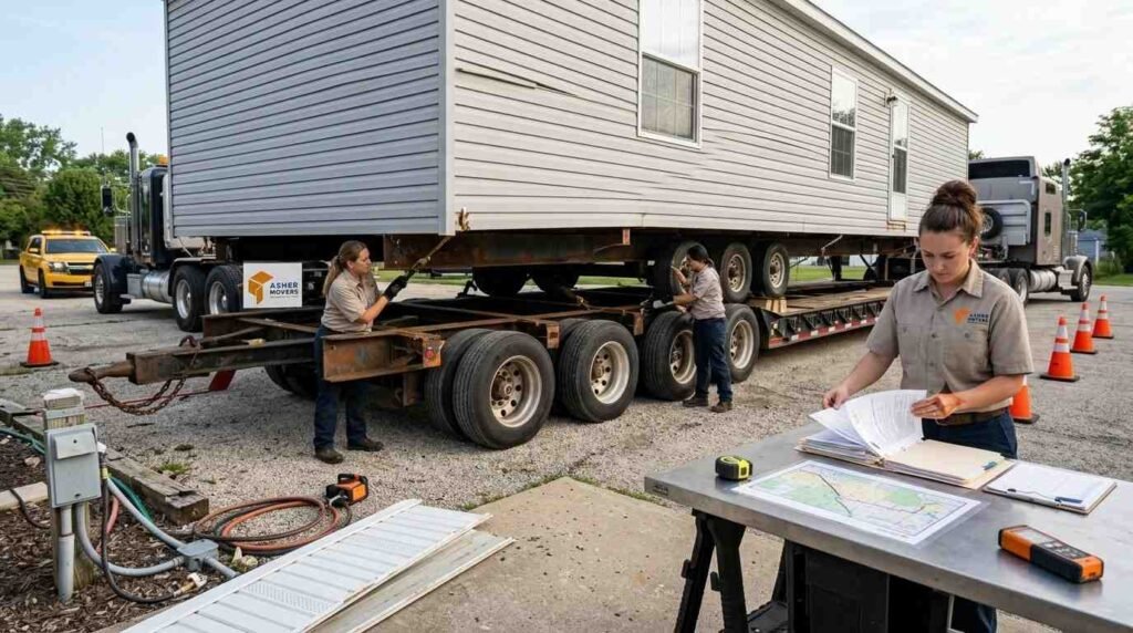 Female relocation specialists inspecting a manufactured home’s structure and transport equipment while reviewing permits and route plans.