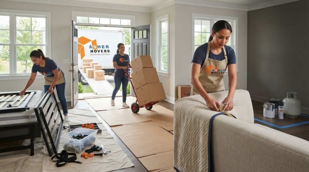 Female movers wrapping furniture, transporting boxes, and preparing standard moving equipment inside a home, with excluded hazardous items separated nearby.