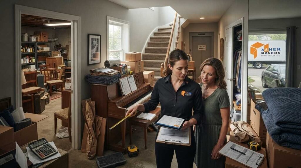 Female moving estimator inspecting inventory, access conditions, packing needs, and specialty items to identify causes of local moving cost overruns.